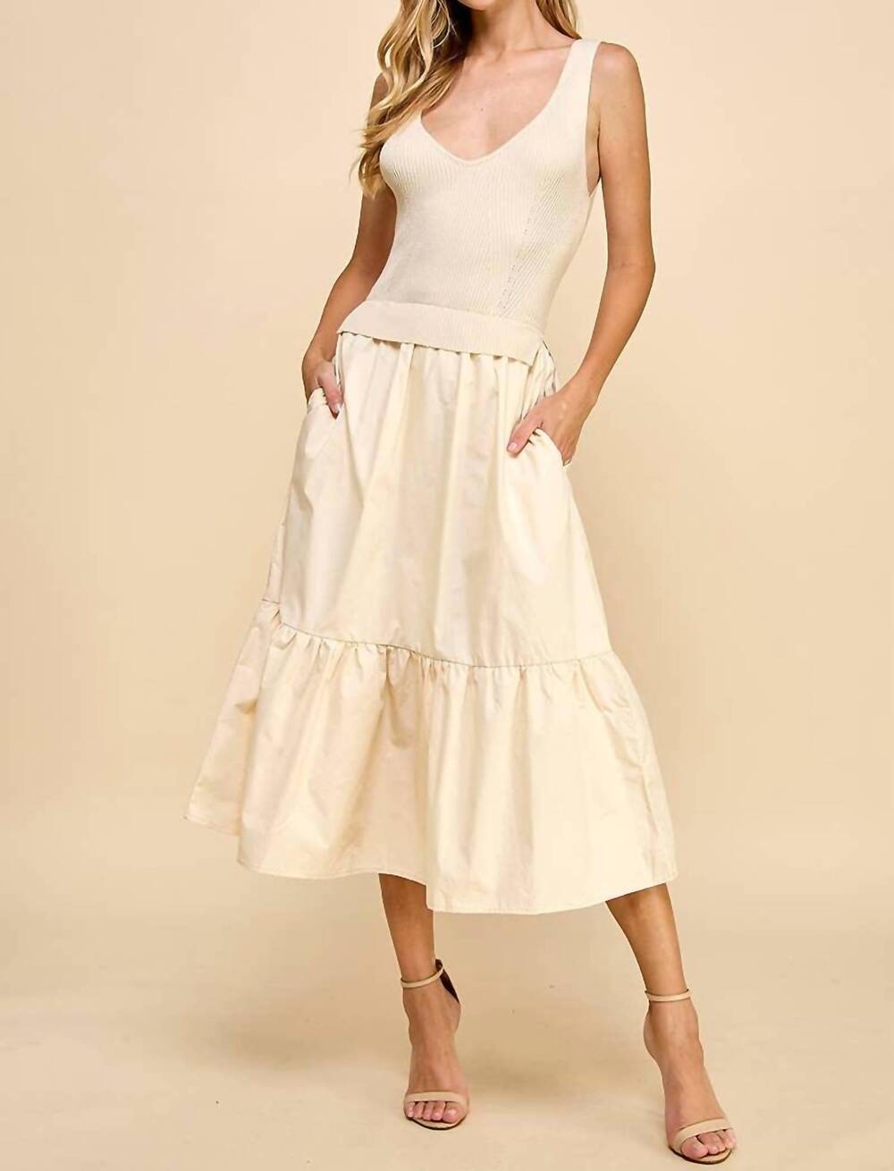NEW TCEC knit bodice ruffle hem midi dress in beige
